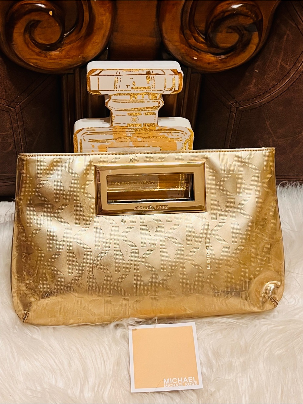 Michael Kors Gold Metallic Signature Cutout Clutch